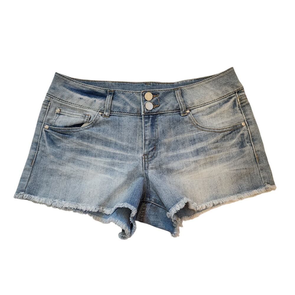 Refuge Womens Cut Off Jean Shorts Size 6 Blue Raw Edge Mid Rise Stretch Denim